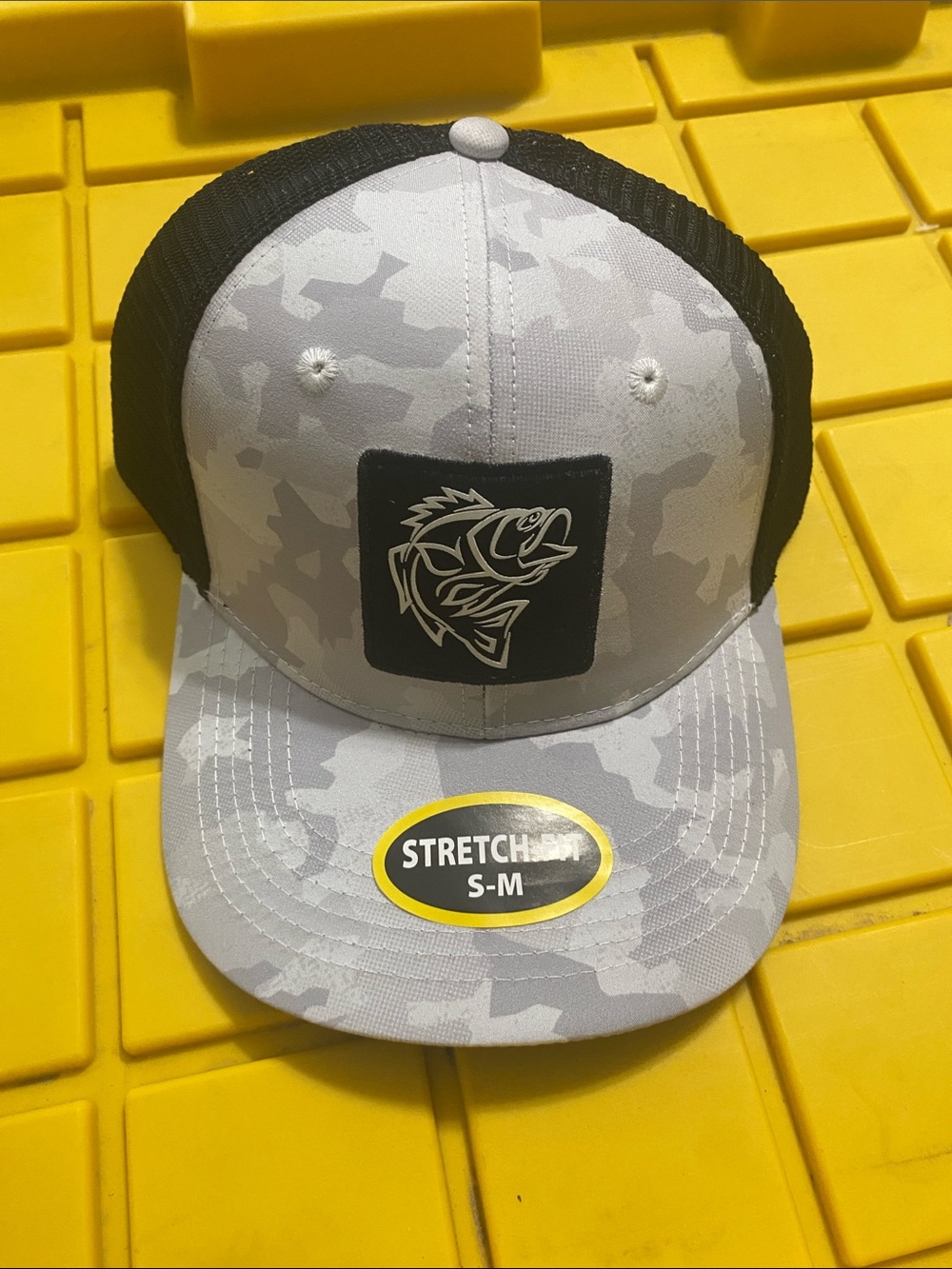 Stretch Fit Gray Camo Trucker Hat with Bass Patch